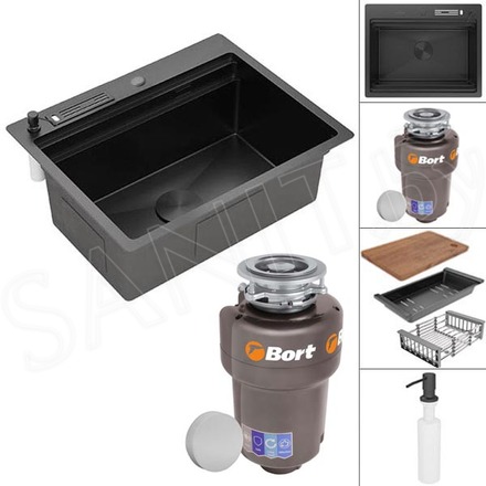 Кухонная мойка Roxen Stage 560250-60B PVD (графит) в комплекте с держателем для ножей, двумя коландерами, разделочной доской, дозатором и измельчителем Bort Titan Max Power 93410266 (Full Control)