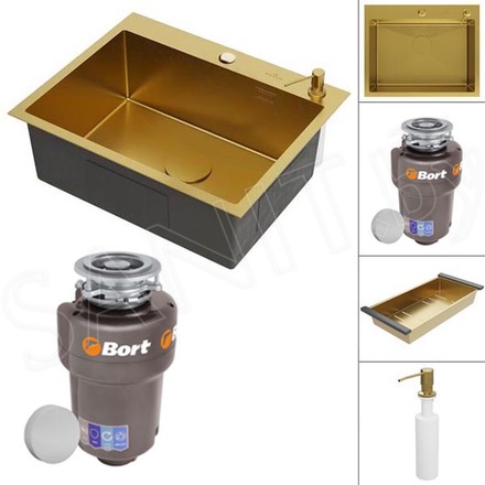 Кухонная мойка Roxen Simple 560220-60G PVD (gold) с коландером, дозатором и измельчителем пищевых отходов Bort Titan Max Power 93410266 (Full Control)