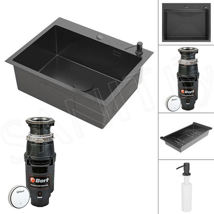 Кухонная мойка Roxen Simple PVD (графит) с коландером, дозатором и измельчителем пищевых отходов Bort Master Eco Control 93417999