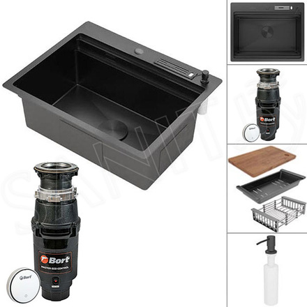 Кухонная мойка Roxen Stage 560250-60B PVD (графит) в комплекте с держателем для ножей, двумя коландерами, разделочной доской, дозатором и измельчителем Bort Master Eco Control 93417999