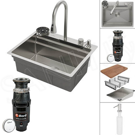 Кухонная мойка Roxen Stage Plus 560250-60 многофункциональная в комплекте с измельчителем пищевых отходов Bort Master Eco Control 93417999