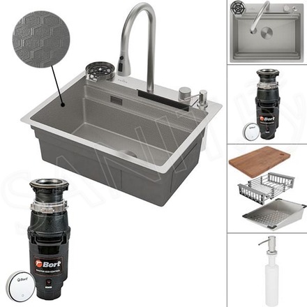 Кухонная мойка Roxen Stage Plus 560250-60-S многофункциональная в комплекте с измельчителем пищевых отходов Bort Master Eco Control 93417999