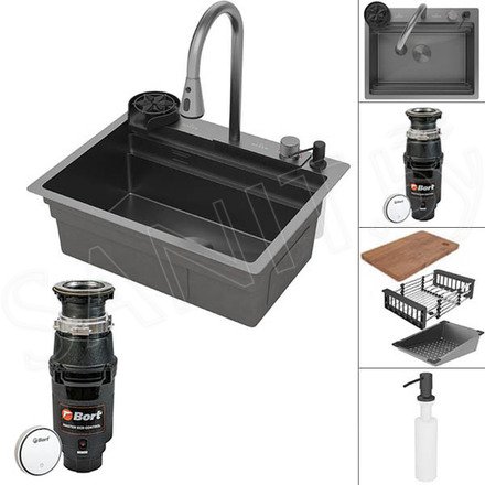 Кухонная мойка Roxen Stage Plus 560250-60B PVD (графит) многофункциональная в комплекте с измельчителем пищевых отходов Bort Master Eco Control 93417999