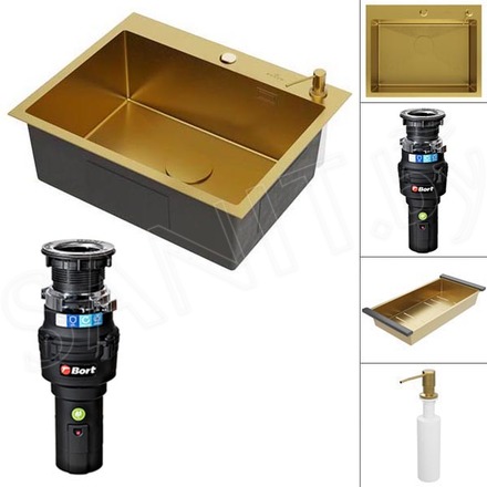 Кухонная мойка Roxen Simple 560220-60G PVD (gold) с коландером, дозатором и измельчителем пищевых отходов Bort Caiman 93418064