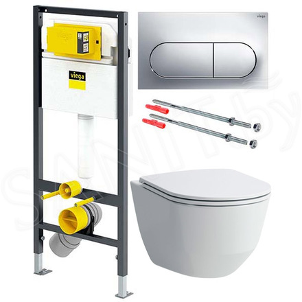 Комплект инсталляции Viega Prevista Dry WC 771973 с кнопкой Visign for Life 6 и унитазом Laufen Pro Rimless 820966 Slim Soft Close