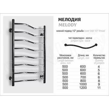 Полотенцесушитель Ростела Мелодия 50 нижнее подключение 1 дюйм