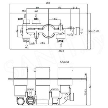 Смеситель встраиваемый Omnires Fresh FR7138/6CR с термостатом (3 функции)