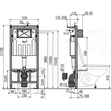 Комплект инсталляции AlcaPlast AM101 с ароматизатором, кнопкой M570 и унитазом Creavit Tetra