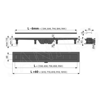 Душевой трап AlcaPlast APZ10 Black 550 / 650 / 750 / 850 / 950