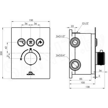 Душевая система Rubineta Thermo-3F-Olo (SQ) 625040 встраиваемая с термостатом