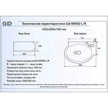 Умывальник Gid N9100L / N9100R