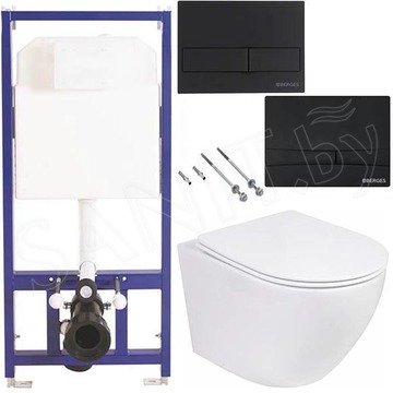 Комплект инсталляции Berges Novum 525 c черной кнопкой и унитазом Roxen Antares 530185-01 Rimless Soft Close