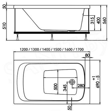 Акриловая ванна 1AcReal Gamma 120 / 130 / 140 в комплекте с ножками