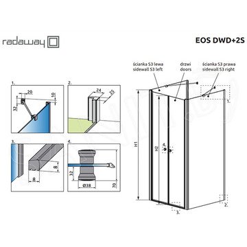 Душевой уголок Radaway Eos DWD+2S 90 + S3 + S3