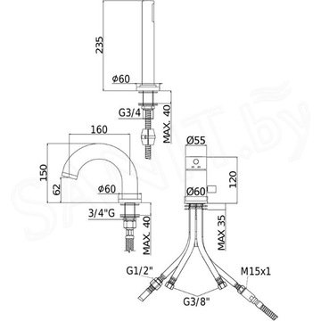 Смеситель на борт ванны Paffoni Light LIG047NO на 3 отверстия