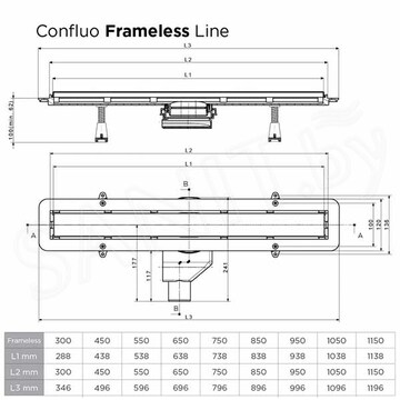 Душевой трап Pestan Confluo Frameless Line 350 / 450 / 550 / 650 / 750 / 850 / 950 Matte Black