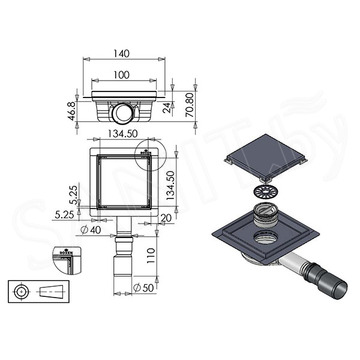 Душевой трап Roxen Square 91080-100 двусторонний под плитку