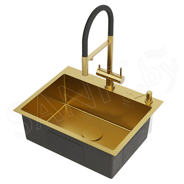 Кухонная мойка Roxen Simple 560220-60G PVD (gold) с коландером, дозатором и смесителем Rose R458G