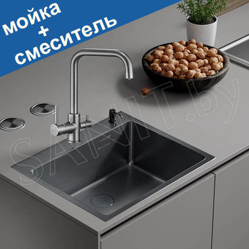 Кухонная мойка Roxen Simple 60 PVD (графит) с коландером, дозатором и смесителем с подключением к фильтру воды