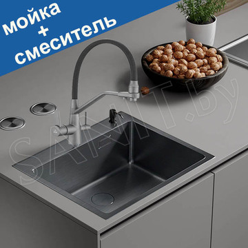 Кухонная мойка Roxen Simple 60 PVD (графит) с коландером, дозатором и смесителем под фильтр