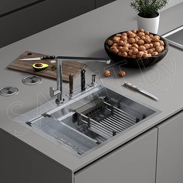 Кухонная мойка Roxen Stage 560250-60 в комплекте с держателем для ножей, двумя коландерами, разделочной доской и дозатором