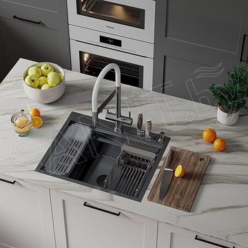 Кухонная мойка Roxen Stage 60 PVD (графит) в комплекте с держателем для ножей, двумя коландерами, разделочной доской и дозатором
