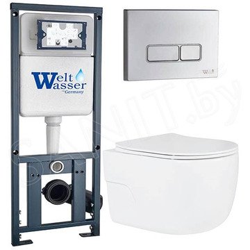 Комплект инсталляции Weltwasser Marberg 410 с кнопкой и подвесным унитазом Roxen Porto 530155-01 Rimless Soft Close
