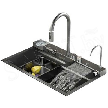 Кухонная мойка Arfeka Sensor Eco AR 75 Black Nano со смесителем, ринзером, двумя коландерами и разделочной доской