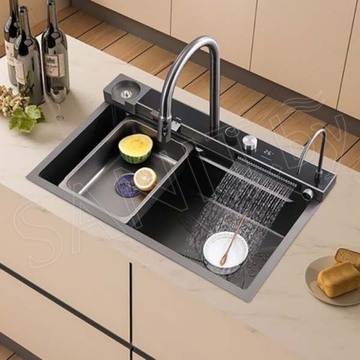 Кухонная мойка Arfeka Sensor Eco AR 75 Black Nano со смесителем, ринзером, двумя коландерами и разделочной доской