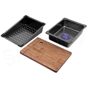 Кухонная мойка Arfeka Eco AR 75 Black PVD Nano / Nano Decor со смесителем, ринзером, двумя коландерами, разделочной доской и дозатором