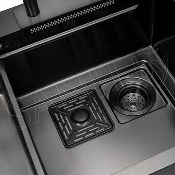 Кухонная мойка Arfeka Eco AR 75 Black PVD Nano / Nano Decor со смесителем, ринзером, двумя коландерами, разделочной доской и дозатором