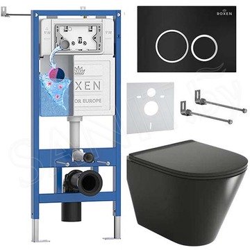 Комплект инсталляции Roxen StounFix Dual Fresh с удлиненными креплениями, аромадозатором, черной кнопкой смыва и унитазом Grossman GR-4477BMS