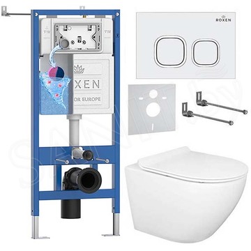 Комплект инсталляции Roxen StounFix Dual Fresh с удлиненными креплениями, аромадозатором, кнопкой смыва Santi 410280 и унитазом Gid Tr2198