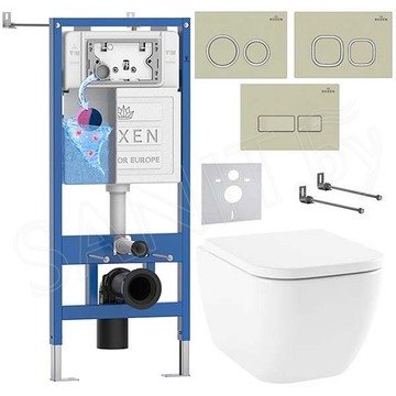 Комплект инсталляции Roxen StounFix Dual Fresh с удлиненными креплениями, аромадозатором, бежевой кнопкой смыва и унитазом Lavinia Boho One Rimless 3302004R