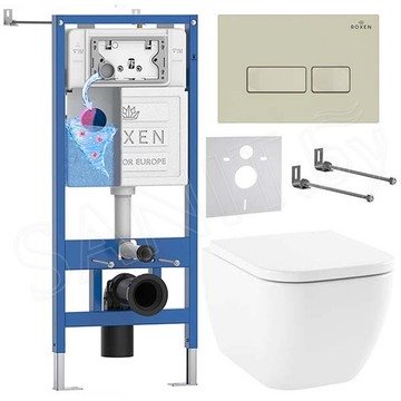 Комплект инсталляции Roxen StounFix Dual Fresh с удлиненными креплениями, аромадозатором, бежевой кнопкой смыва и унитазом Lavinia Boho One Rimless 3302004R