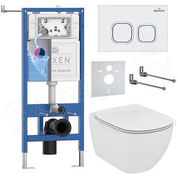 Комплект инсталляции Roxen StounFix Dual Fresh с удлиненными креплениями, аромадозатором, кнопкой Santi 410280 и унитазом Ideal Standard Tesi Aquablade T007901