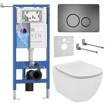 Комплект инсталляции Roxen StounFix Dual Fresh с удлиненными креплениями, аромадозатором, металлической кнопкой Steel и унитазом Ideal Standard Tesi Aquablade T007901