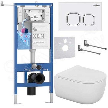 Комплект инсталляции Roxen StounFix Dual Fresh с удлиненными креплениями, аромадозатором, кнопкой смыва Santi 410280 и унитазом Bocchi V-Tondo Compacto Rimless