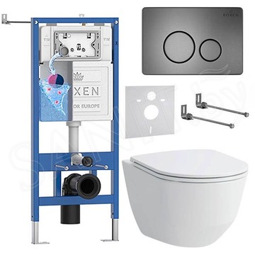 Комплект инсталляции Roxen StounFix Dual Fresh с удлиненными креплениями, аромадозатором, металлической кнопкой Steel и унитазом Laufen Pro Rimless
