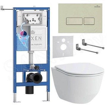 Комплект инсталляции Roxen StounFix Dual Fresh с удлиненными креплениями, аромадозатором, бежевой кнопкой смыва и унитазом Laufen Pro Rimless