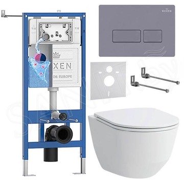 Комплект инсталляции Roxen StounFix Dual Fresh с удлиненными креплениями, аромадозатором, кнопкой смыва в цвете серый бетон и унитазом Laufen Pro Rimless