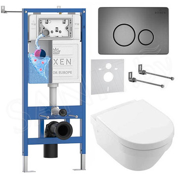 Комплект инсталляции Roxen StounFix Dual Fresh с удлиненными креплениями, аромадозатором, металлической кнопкой Steel и унитазом Villeroy&Boch Architectura 4694HR01