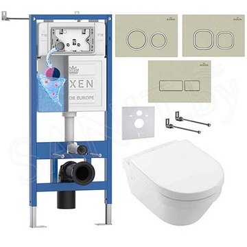 Комплект инсталляции Roxen StounFix Dual Fresh с удлиненными креплениями, аромадозатором, бежевой кнопкой смыва и унитазом Villeroy&Boch Architectura 4694HR01