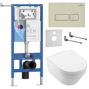 Комплект инсталляции Roxen StounFix Dual Fresh с удлиненными креплениями, аромадозатором, бежевой кнопкой смыва и унитазом Villeroy&Boch Architectura 4694HR01