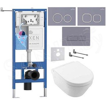 Комплект инсталляции Roxen StounFix Dual Fresh с удлиненными креплениями, аромадозатором, кнопкой смыва в цвете серый бетон и унитазом Villeroy&Boch Architectura 4694HR01