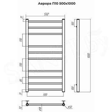 Полотенцесушитель Terminus Аврора П10 / П16 / П20 нижнее подключение сатин