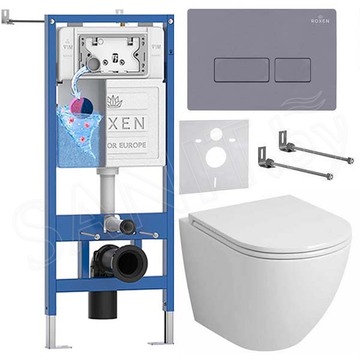 Комплект инсталляции Roxen StounFix Dual Fresh с удлиненными креплениями, аромадозатором, кнопкой в цвете серый бетон и унитазом Grossman GR-4455S
