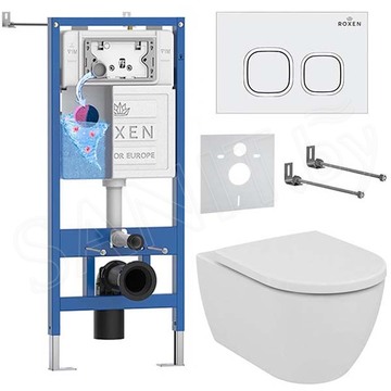 Комплект инсталляции Roxen StounFix Dual Fresh с удлиненными креплениями, аромадозатором, кнопкой Santi 410280 и унитазом Ideal Standard Ellisse T569201