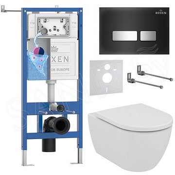 Комплект инсталляции Roxen StounFix Dual Fresh с удлиненными креплениями, аромадозатором, кнопкой смыва Glass 430280 и унитазом Ideal Standard Ellisse T569201