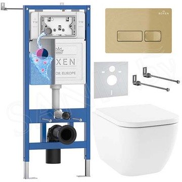 Комплект инсталляции Roxen StounFix Dual Fresh с удлиненными креплениями, кнопкой смыва в цвете золото и унитазом Lavinia Boho One Rimless 3302004R